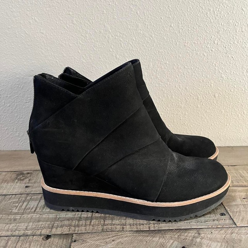 Eileen Fisher black Compton, suede wedge heel boots langenlook euro